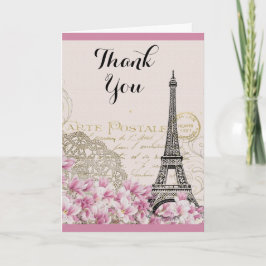 Eiffeltoren met roze bloemetjes Dank U Bedankkaart