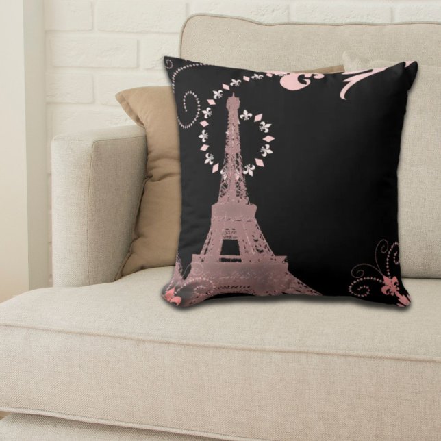 eiffeltoren met roze en zwarte roze parijs kussen (girly chic black and pink paris eiffel tower throw pillow)