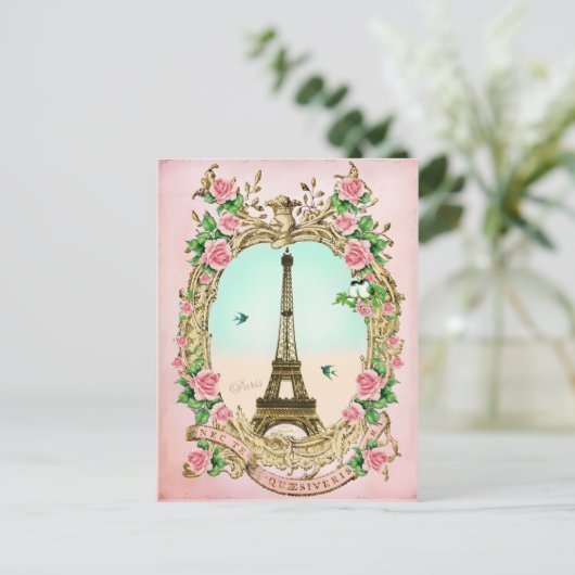 Eiffeltoren met Roze Rozen Briefkaart (Staand voorkant)