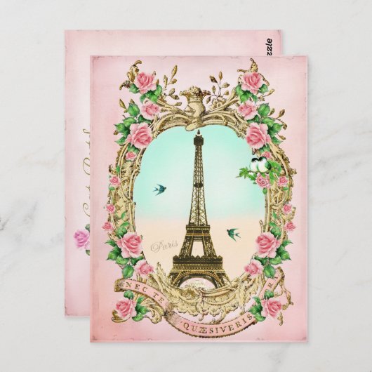 Eiffeltoren met Roze Rozen Briefkaart (Voorkant / Achterkant)
