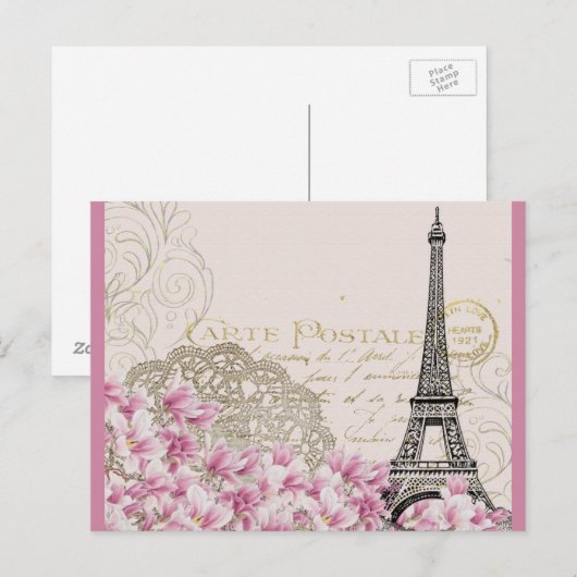Eiffeltoren met roze wilde bloemen Briefkaart (Voorkant / Achterkant)