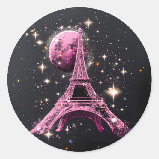 Eiffeltoren Nacht Maan Ronde Sticker (Voorkant)