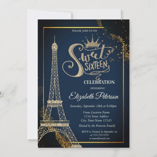 Eiffeltoren Navy Goud Blauw Sweet 16 Kaart (Voorkant)