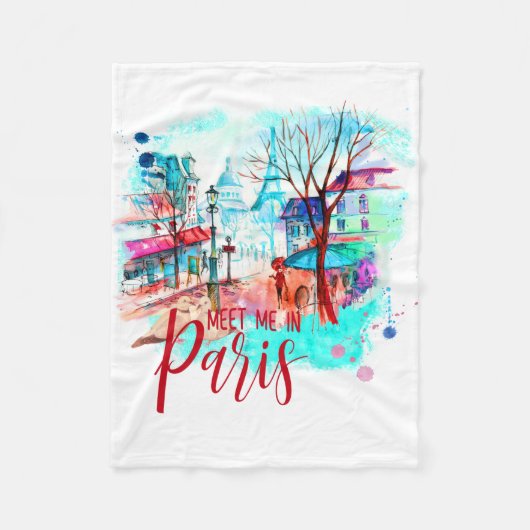 Eiffeltoren Ontmoet me in Paris Waterverf Splatter Fleece Deken (Voorkant)