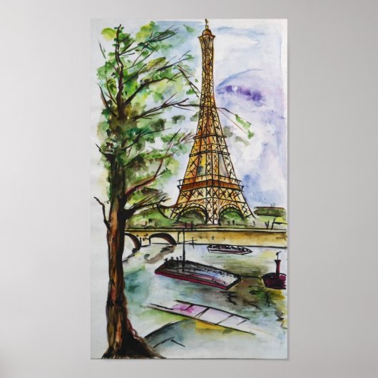 Eiffeltoren Parijs Aquarel – Rivierzicht Poster (Voorkant)