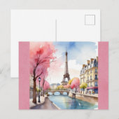 Eiffeltoren Parijs Frankrijk Roze Waterverf Briefkaart (Voorkant / Achterkant)