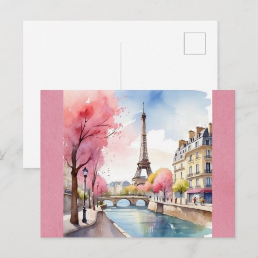 Eiffeltoren Parijs Frankrijk Roze Waterverf Briefkaart (Voorkant / Achterkant)