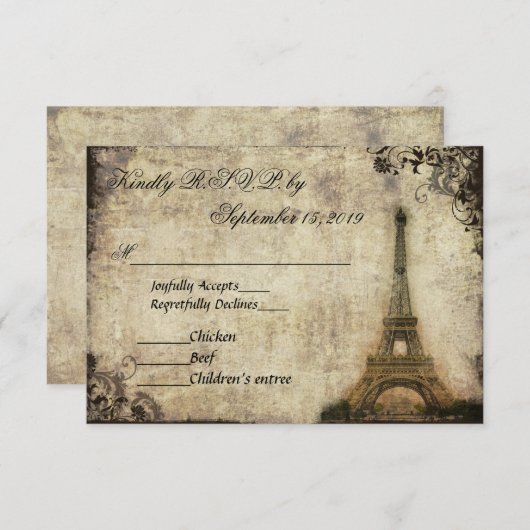 Eiffeltoren Parijs Vintage bruiloft RSVP (Voorkant / Achterkant)
