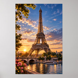 Eiffeltoren Parijs Zonsondergang Seine Rivier Kuns Poster
