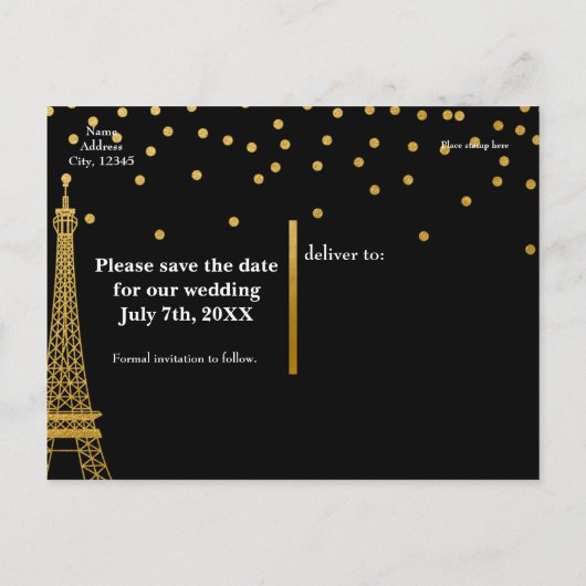 Eiffeltoren Parijs Zwart Goud Bewaar de datum Aankondigingskaart (Achterkant)