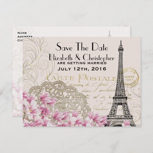  Eiffeltoren Parijse stijl Save the Date Aankondigingskaart (Voorkant / Achterkant)