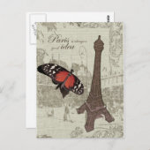 Eiffeltoren, parijse straat en vlinder briefkaart (Voorkant / Achterkant)