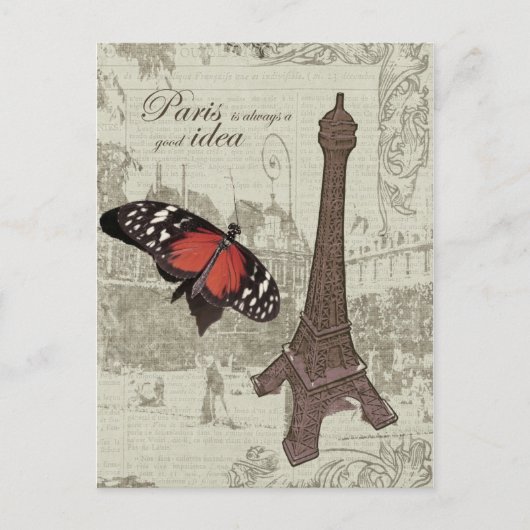 Eiffeltoren, parijse straat en vlinder briefkaart (Voorkant)