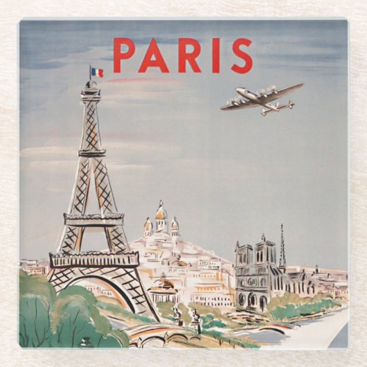  Eiffeltoren Paris Air Travel Lithograph Glazen Onderzetter (Voorkant)