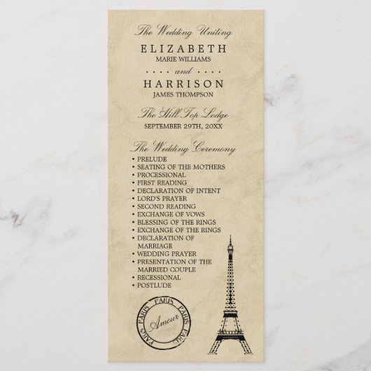 Eiffeltoren Paris Bruiloft Programmakaart (Voorkant)