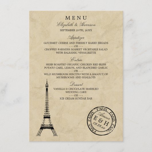  Eiffeltoren Paris Postmark Bruiloft Menu (Voorkant)