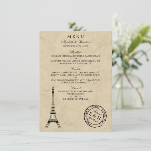  Eiffeltoren Paris Postmark Bruiloft Menu (Staand voorkant)