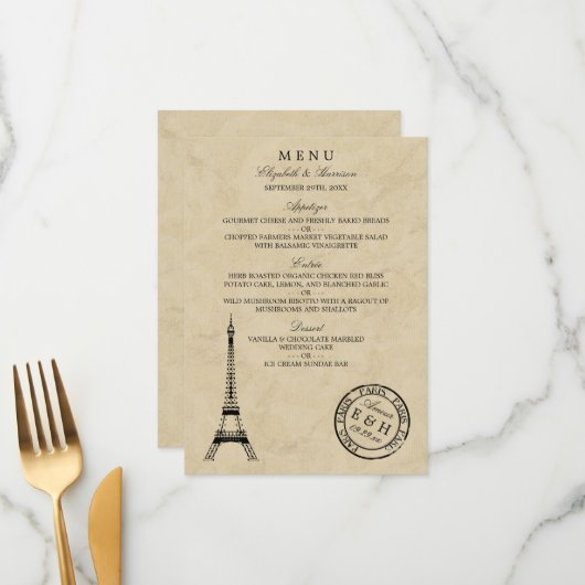 Eiffeltoren Paris Postmark Bruiloft Menu (Voorkant / Achterkant in situ)