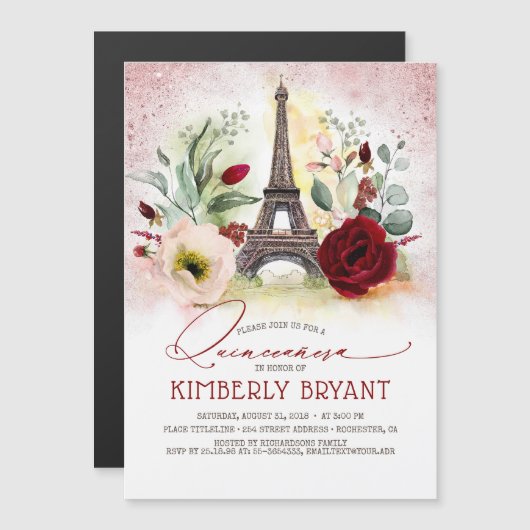 Eiffeltoren Paris roze goud Quinceañera Magnetische Uitnodiging (Voorkant / Achterkant)