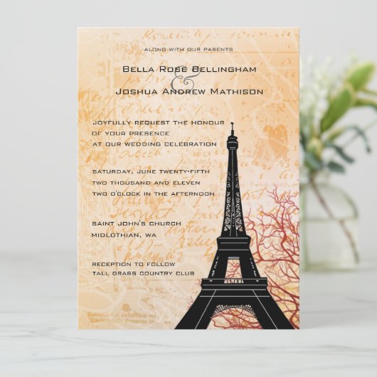 Eiffeltoren Peach bruiloft uitnodiging (Staand voorkant)