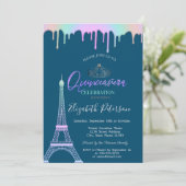 Eiffeltoren, regenboogschijven blauw Quinceañera Kaart (Staand voorkant)