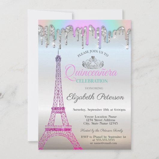 Eiffeltoren, regenboogschijven Silver Quinceañera Kaart (Voorkant)