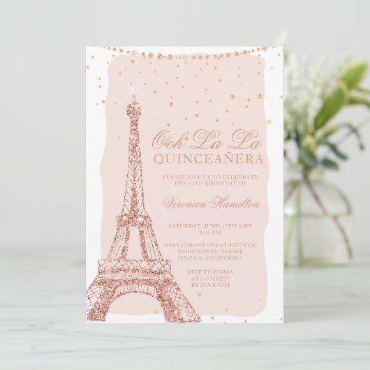 Eiffeltoren roos goud glitter blush quinceanera kaart (Staand voorkant)