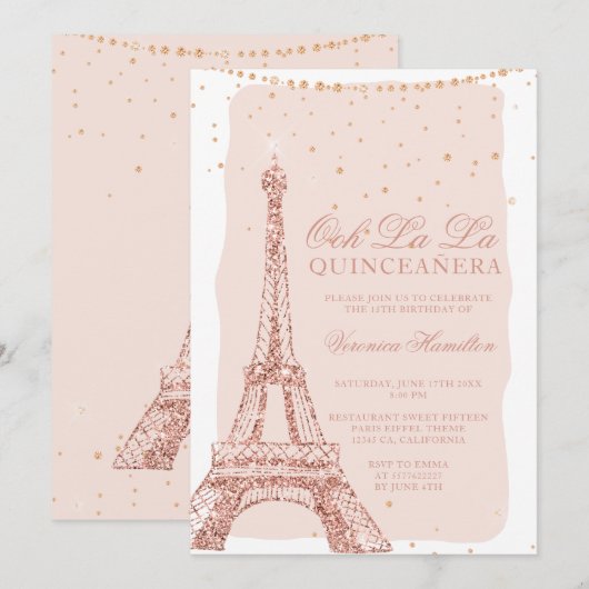 Eiffeltoren roos goud glitter blush quinceanera kaart (Voorkant / Achterkant)