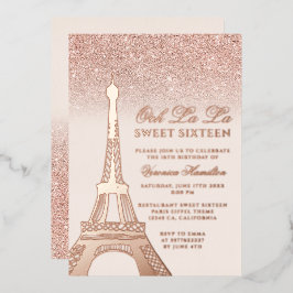 Eiffeltoren roos goud glitter roze Sweet 16 Folie Uitnodiging