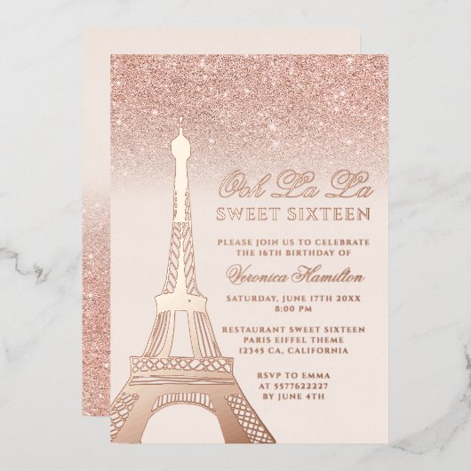 Eiffeltoren roos goud glitter roze Sweet 16 Folie Uitnodiging (Voorkant / Achterkant)