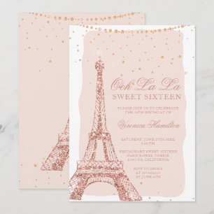 Eiffeltoren roos gouden glitter blush Sweet 16 Kaart