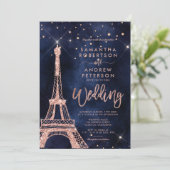 Eiffeltoren roos gouden glitter marineblauw bruilo kaart (Staand voorkant)
