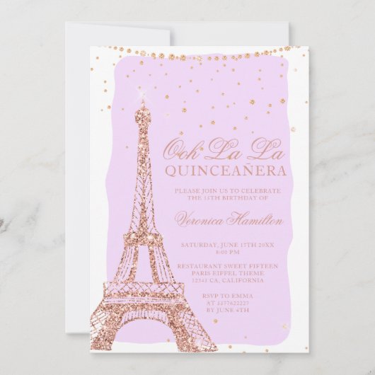 Eiffeltoren roos goudglitter paarse quinceanera kaart (Voorkant)
