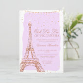 Eiffeltoren roos goudglitter paarse quinceanera kaart (Staand voorkant)