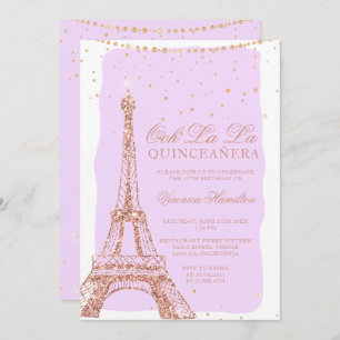 Eiffeltoren roos goudglitter paarse quinceanera kaart
