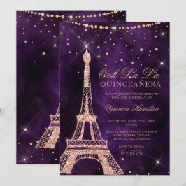 Eiffeltoren roos goudglitter paarse quinceanera kaart