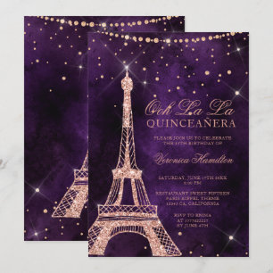 Eiffeltoren roos goudglitter paarse quinceanera kaart