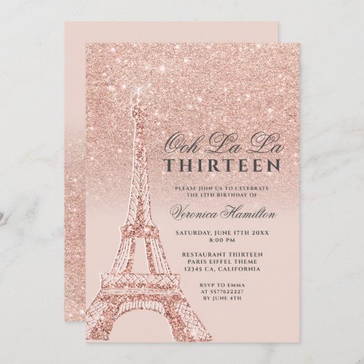 Eiffeltoren rose goud glitters roze chic dertien kaart (Voorkant / Achterkant)