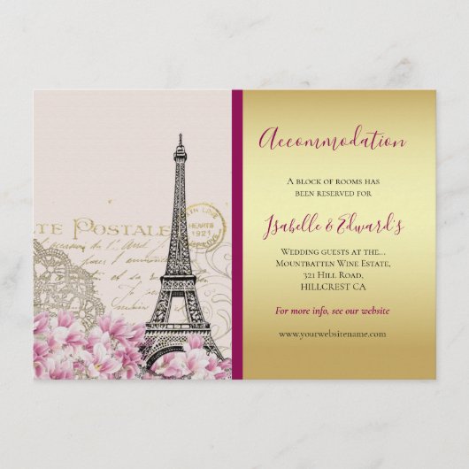 Eiffeltoren Roze bloesems Gold Bourgogne Informatiekaartje (Voorkant)
