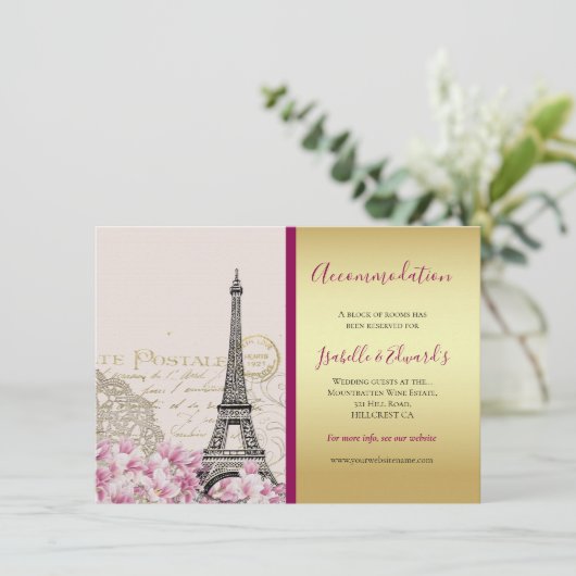  Eiffeltoren Roze bloesems Gold Bourgogne Informatiekaartje (Staand voorkant)