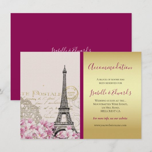 Eiffeltoren Roze bloesems Gold Bourgogne Informatiekaartje (Voorkant / Achterkant)