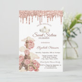 Eiffeltoren Roze Goud Glitter Druppels Sweet 16 Kaart (Staand voorkant)
