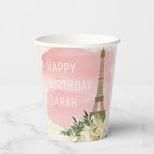 Eiffeltoren Roze Gouden Glitter Gelukkige Verjaard Papieren Bekers (Achterkant)