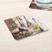 Eiffeltoren Roze Kersenbloesem Parijse Cafe Kartonnen Onderzetters (Schuin)