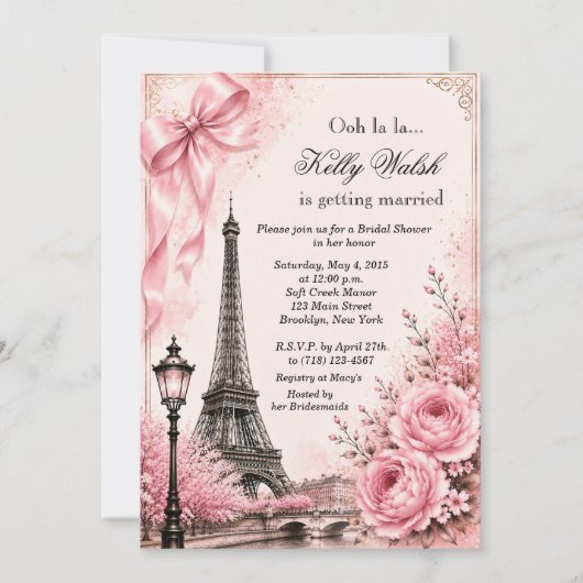 Eiffeltoren Roze Paris Bruidsuitnodiging Kaart (Voorkant)
