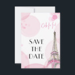 Eiffeltoren Roze Paris Sweet 16 Save The Date<br><div class="desc">Pas dit elegante Parijs thema Opgeslagen de datumkaart voor uw eigen evenement. De kaart toont aan beide zijden een waterverf van de Eiffeltoren en is versierd met een roze bokeh en de Parijse zin "ooh la la!". De tekst op de voorkant is gewoon "Save the Date" en al uw aangepaste...</div>