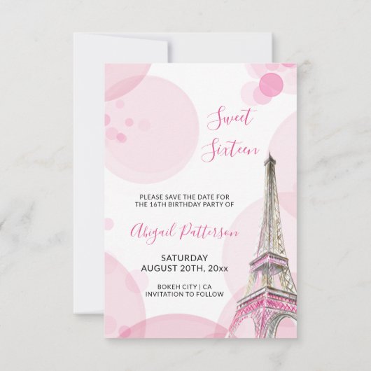 Eiffeltoren Roze Paris Sweet 16 Save The Date (Achterkant)