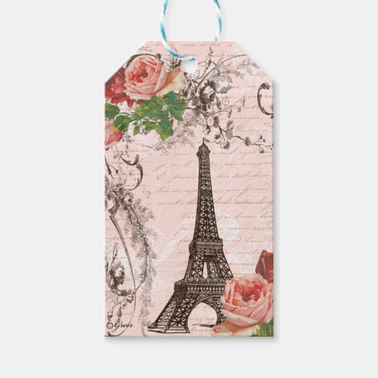 Eiffeltoren Roze Rozen Frans Script Cadeaulabel (Voorkant)