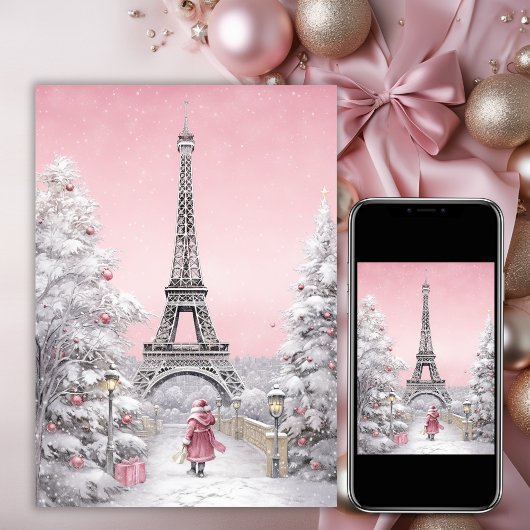 Eiffeltoren, Santa, Paris chique roze kerst Feestdagen Kaart