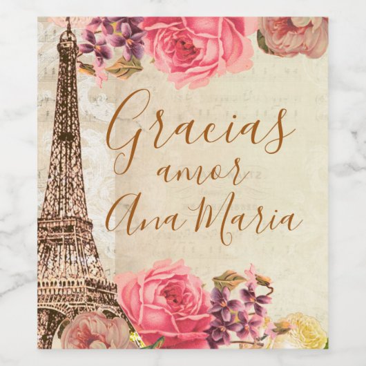  Eiffeltoren Shabby chique bloemenRozen Roze Wijn Etiket (Enkel label)
